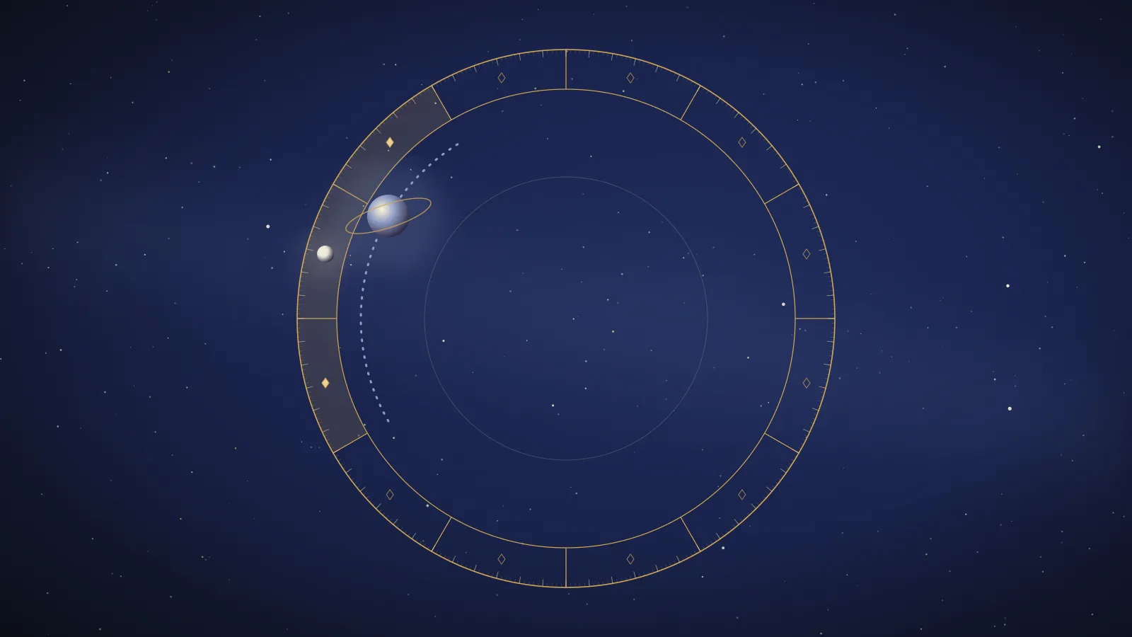 Saturn crossing the three signs around the natal Moon on a gold zodiac wheel