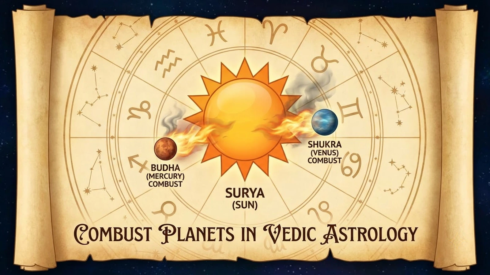 The Sun (Surya) at the centre of a zodiac wheel with Mercury and Venus close beside it, both marked combust