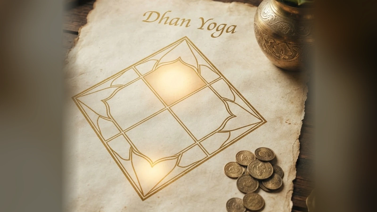 A gold chart on parchment titled Dhan Yoga, with two cells glowing, beside old coins and a brass kalash