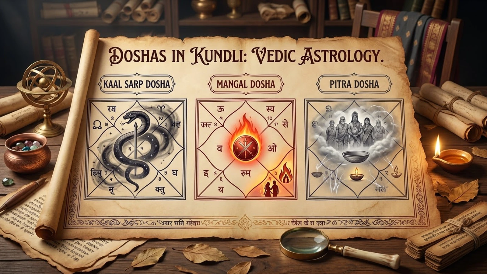 A parchment scroll showing three kundli charts labelled Kaal Sarp Dosha, Mangal Dosha and Pitra Dosha