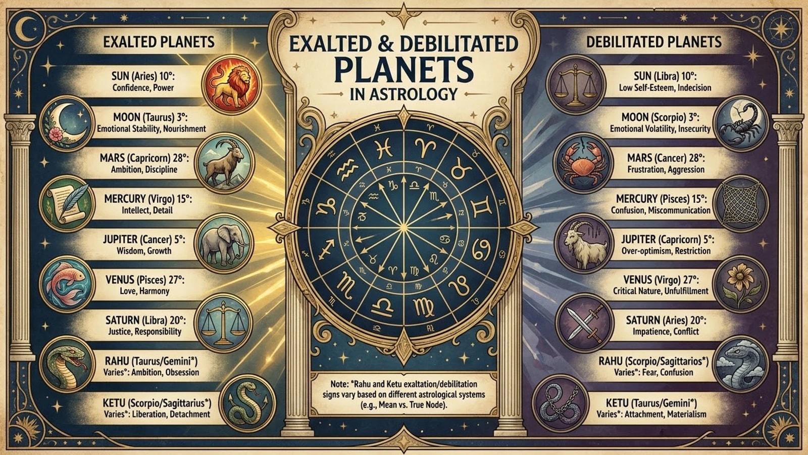 A table of exalted and debilitated planets with their signs and degrees, from the Sun exalted at 10 degrees Aries to Saturn debilitated at 20 degrees Aries