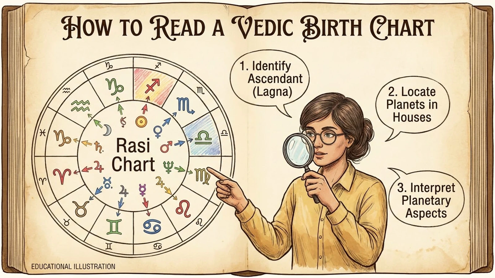 A person with a magnifying glass studying a Rasi chart, with three steps: identify the ascendant, locate planets in houses, interpret planetary aspects