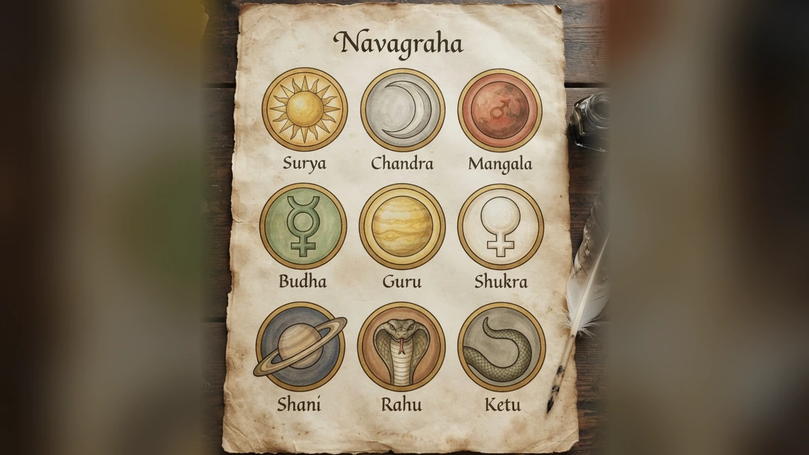 Nine medallions on parchment labelled Surya, Chandra, Mangala, Budha, Guru, Shukra, Shani, Rahu and Ketu, under the title Navagraha