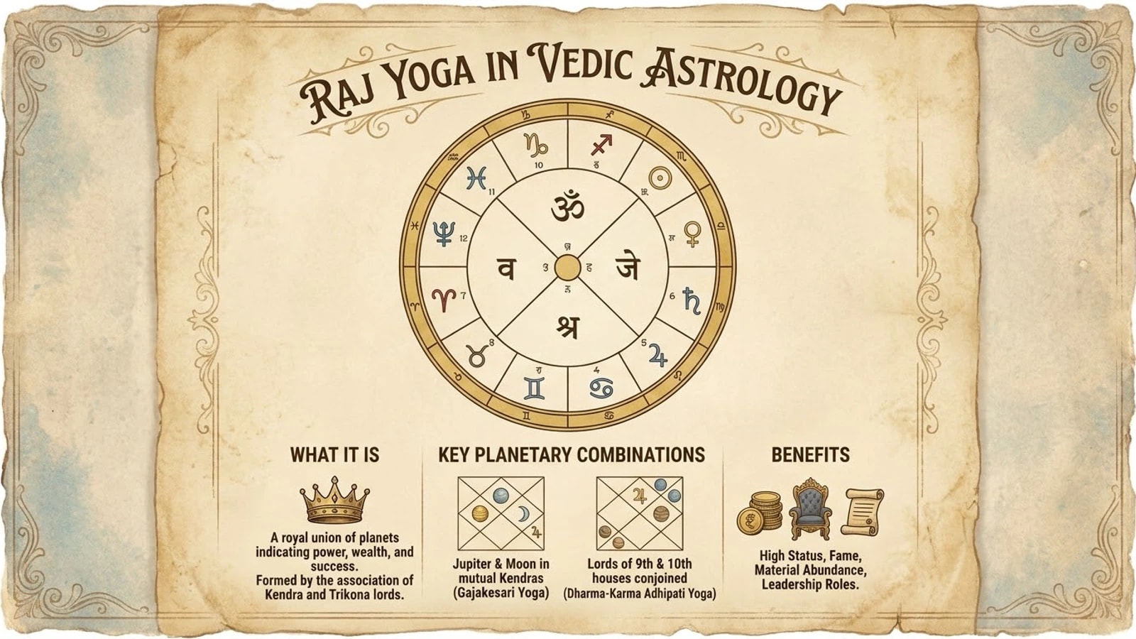 A chart wheel on parchment titled Raj Yoga in Vedic Astrology, with Gajakesari Yoga and Dharma-Karma Adhipati Yoga shown as key combinations