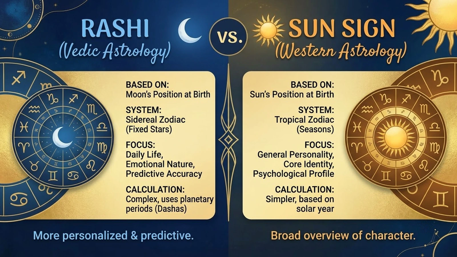 A side-by-side comparison of Rashi (the Moon sign, in the sidereal zodiac) and the Western Sun sign (in the tropical zodiac)