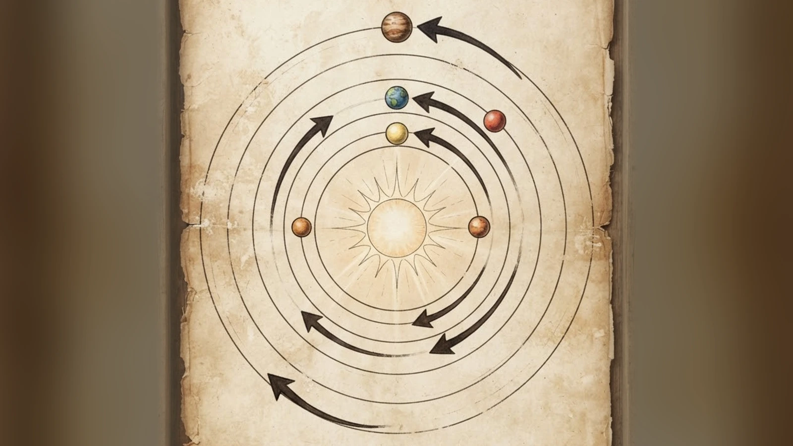 Planets on orbits around the Sun with arrows curving back along their paths, on aged parchment