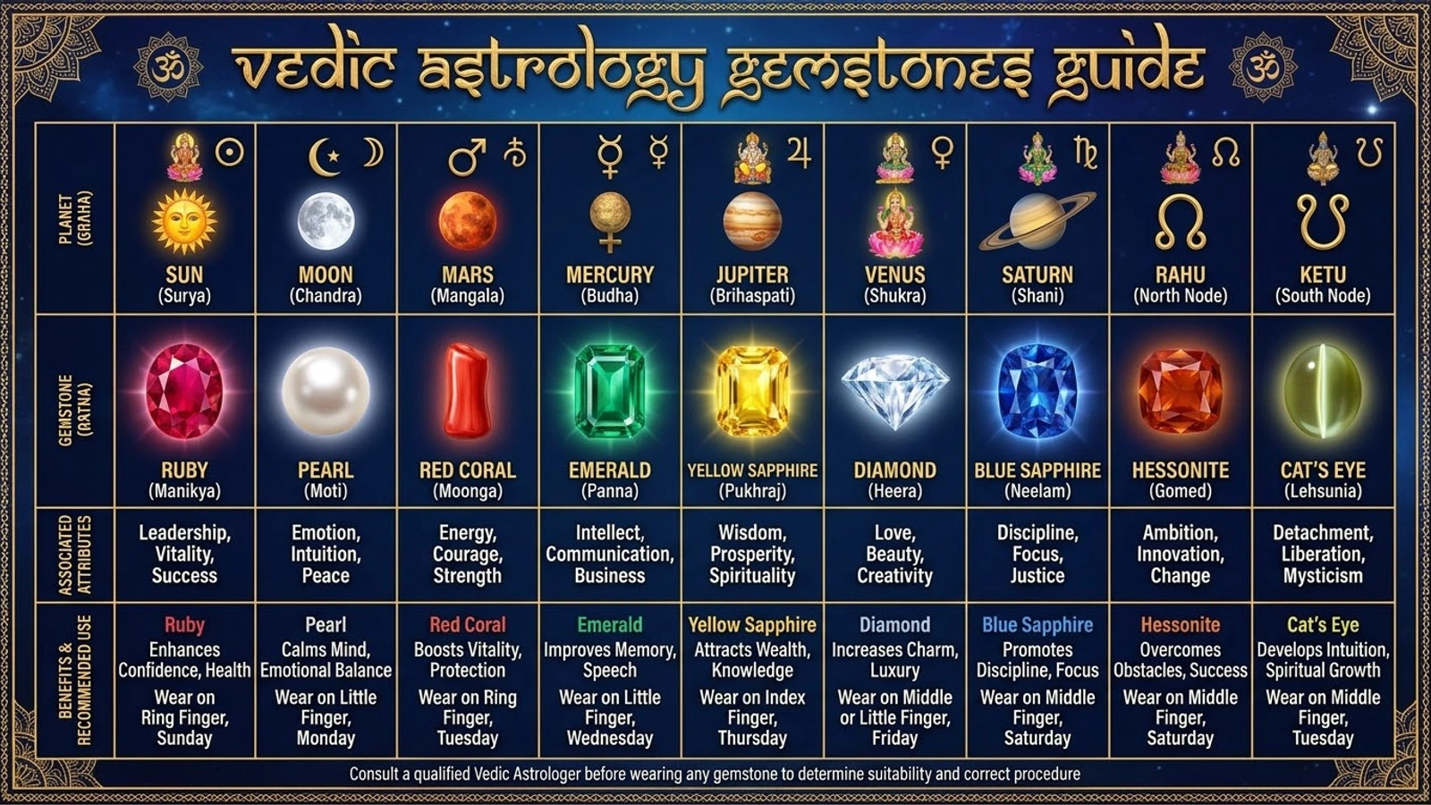 A table of the nine planets with their gemstones, from ruby for the Sun to cat’s eye for Ketu, and the finger and day traditionally used for each