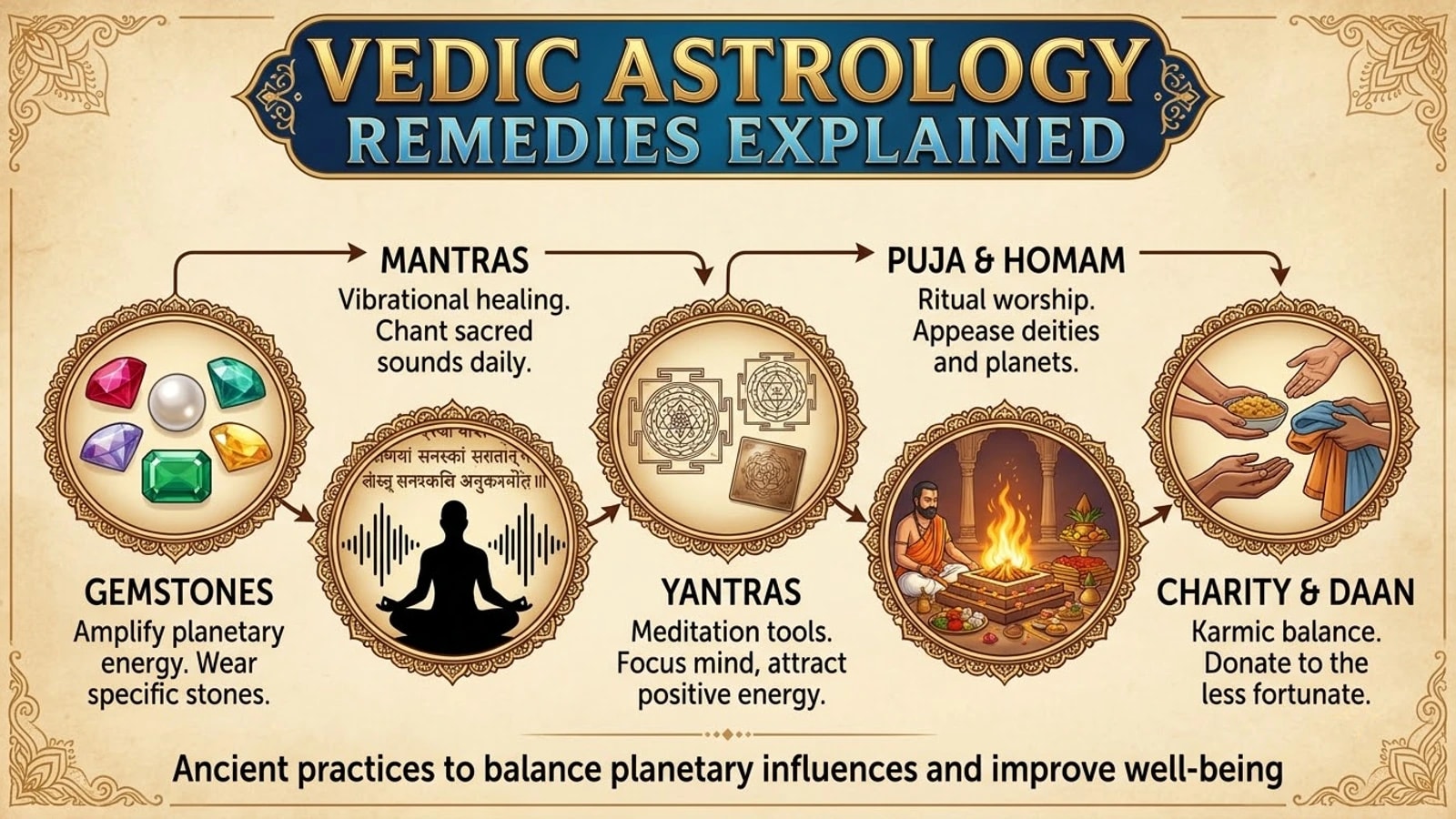 Five kinds of remedy shown in a row: gemstones, mantras, yantras, puja and homam, and charity