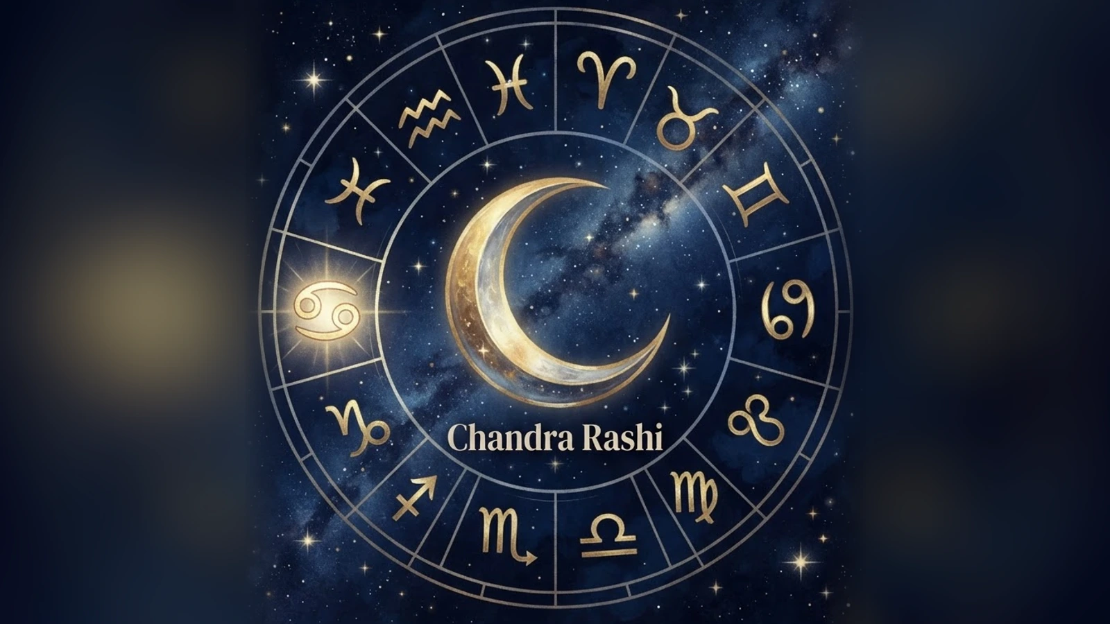 A crescent Moon labelled Chandra Rashi inside a wheel of zodiac glyphs with one sign lit, on a night sky