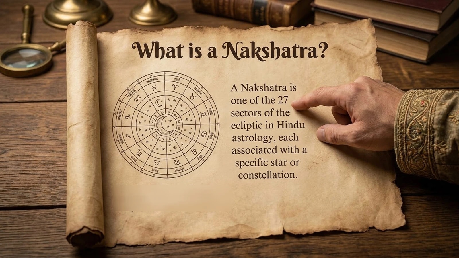 A parchment scroll titled What is a Nakshatra? with a zodiac wheel and the definition: one of the 27 sectors of the ecliptic