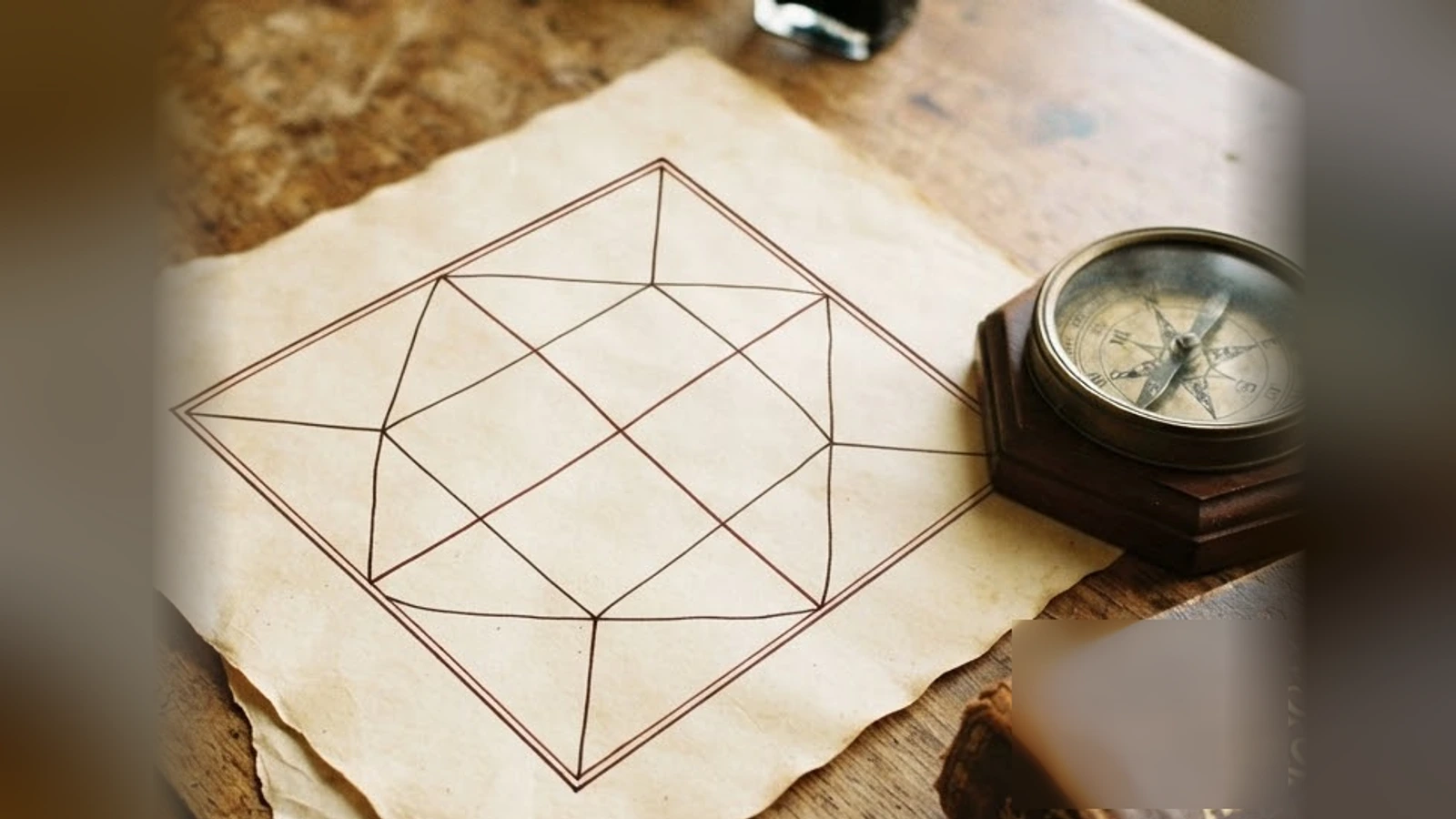 A hand-drawn diamond-style chart on cream paper on a wooden desk, beside an ink pot and a brass compass