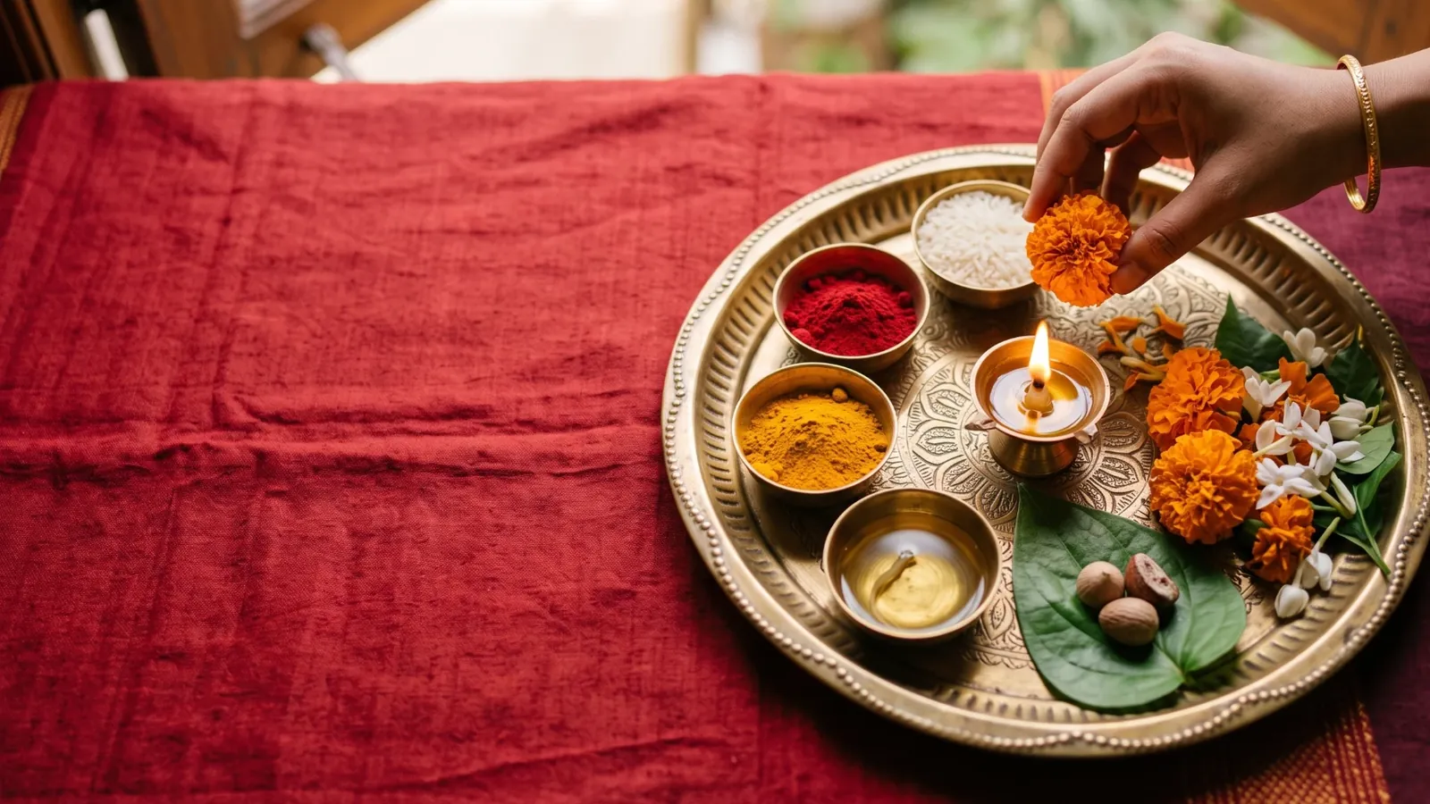 A hand placing a marigold on a brass puja thali with kumkum, turmeric, rice, a lit diya and a betel leaf, on a red cloth