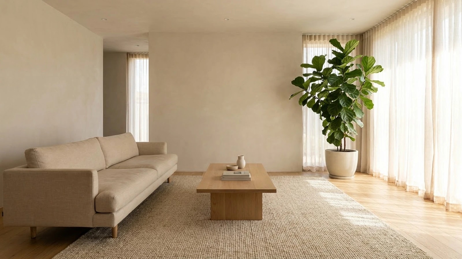 A bright living room with a linen sofa along a solid wall, a low wooden table on a woven rug, a large plant in the corner and daylight through sheer curtains
