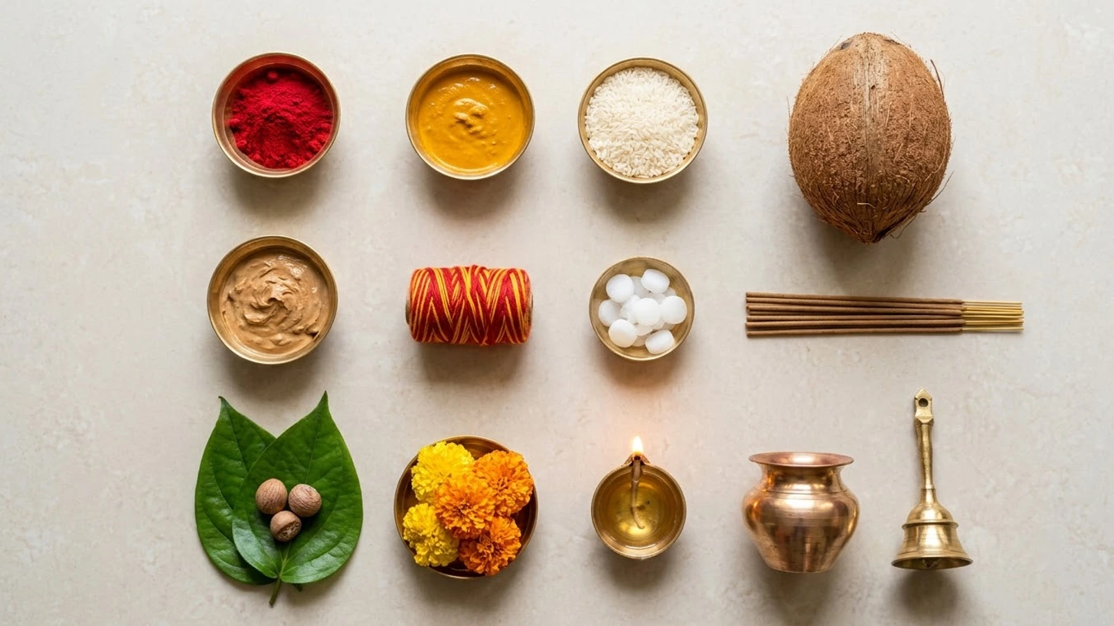 Puja items laid out in rows on pale stone: bowls of kumkum, turmeric, rice, sandalwood paste and camphor, a roll of red and yellow thread, a coconut, incense sticks, betel leaves and nuts, marigolds, a lit diya, a copper kalash and a brass bell