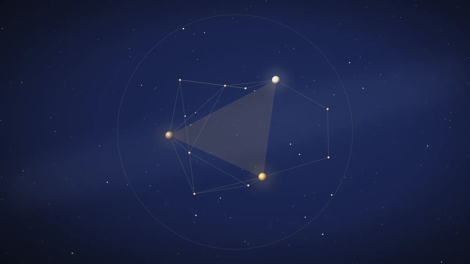A constellation-like network of planets with one triangle of three planets highlighted
