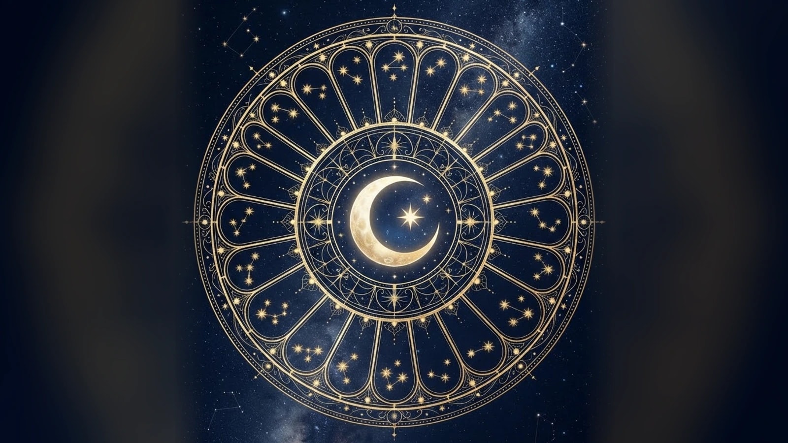 A gold ring of star-cluster segments around a crescent Moon on a night sky, standing for the lunar mansions