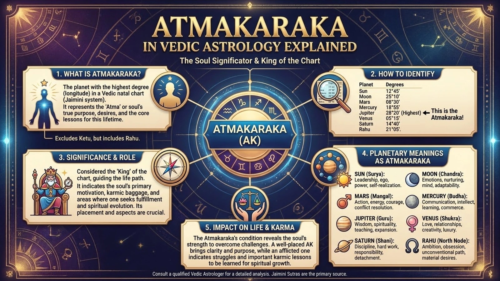 An infographic on the Atmakaraka: the planet with the highest degree in the chart, how to identify it, and what each planet means in that role