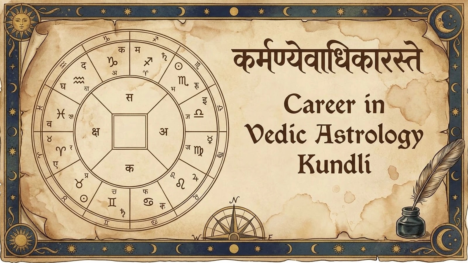 A parchment kundli wheel beside the words Career in Vedic Astrology Kundli, with the Gita phrase karmanyevadhikaraste above
