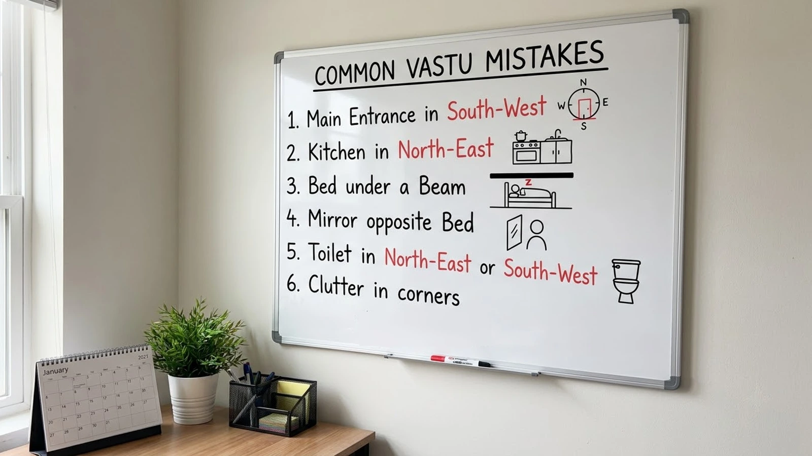 A whiteboard listing common Vastu mistakes, including a south-west main entrance, a north-east kitchen and a bed under a beam