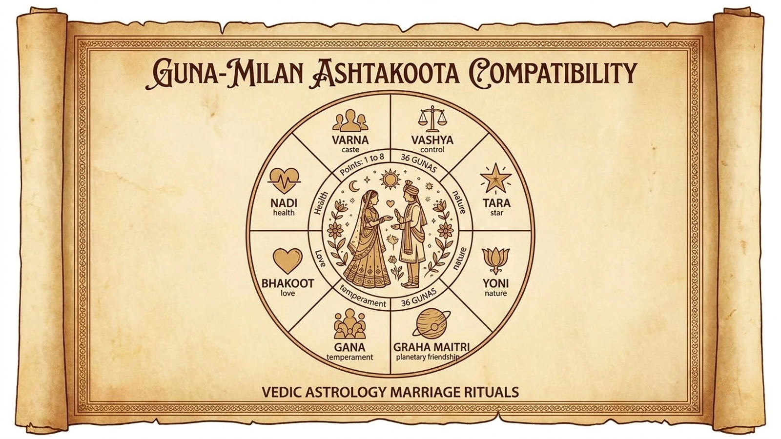A wheel of the eight kootas of Guna Milan (Varna, Vashya, Tara, Yoni, Graha Maitri, Gana, Bhakoot and Nadi) around a bride and groom