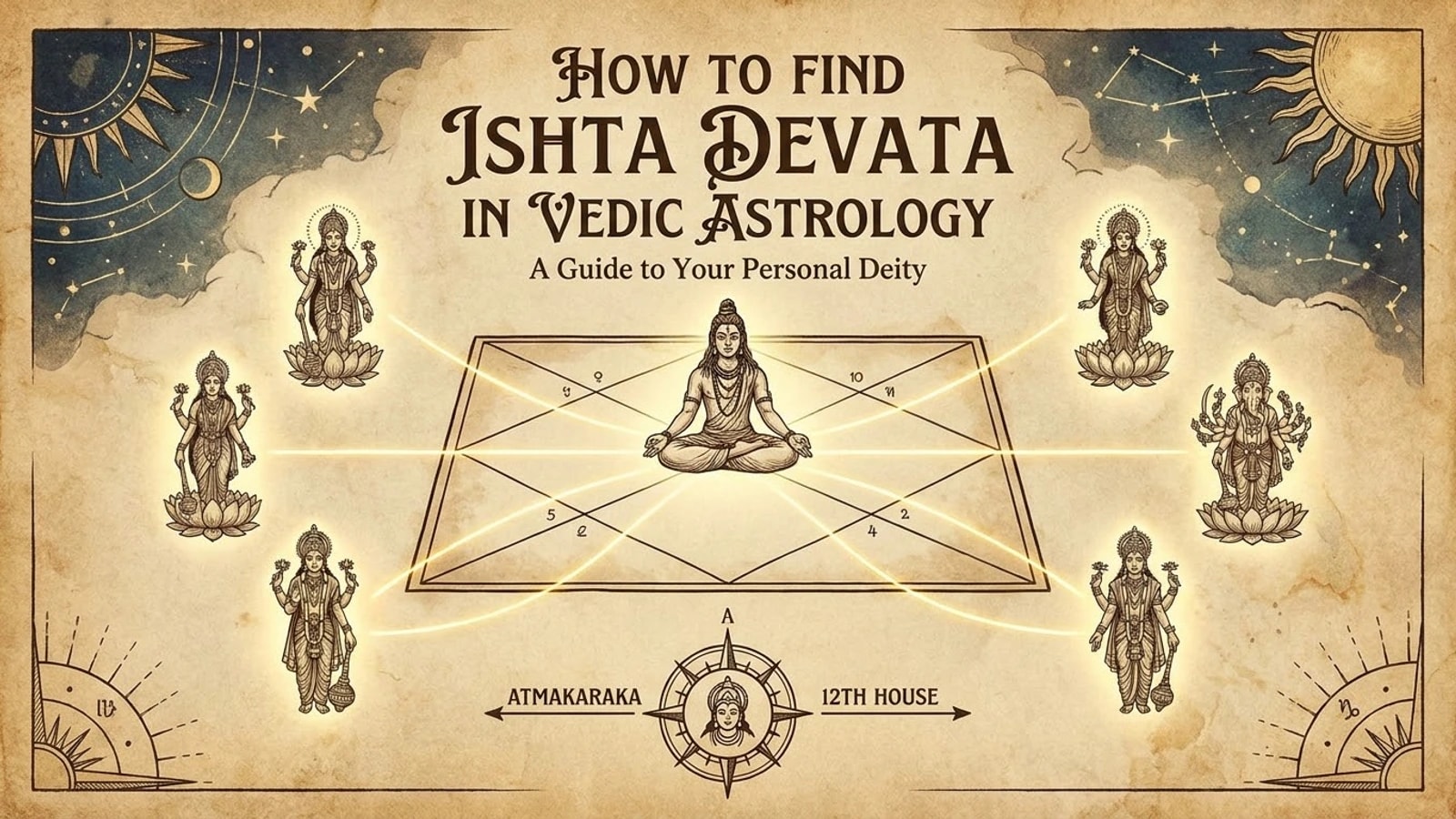 A parchment illustration of a birth chart with deities around it, labelled Atmakaraka and 12th house, titled How to Find Ishta Devata