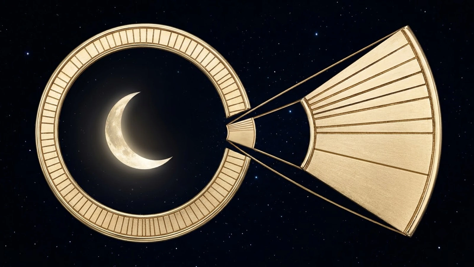 A gold ring of many small divisions around a crescent Moon, with one division opened out into a fan of nine unequal slices