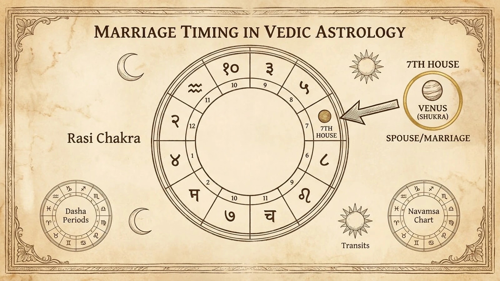 A Rasi chakra with the 7th house and Venus marked for spouse and marriage, and smaller wheels for dasha periods, transits and the Navamsa chart