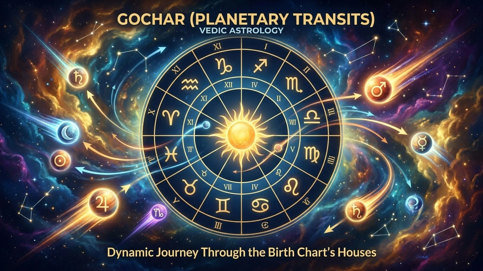 Planets streaming across a zodiac wheel with the Sun at its centre, titled Gochar (Planetary Transits)