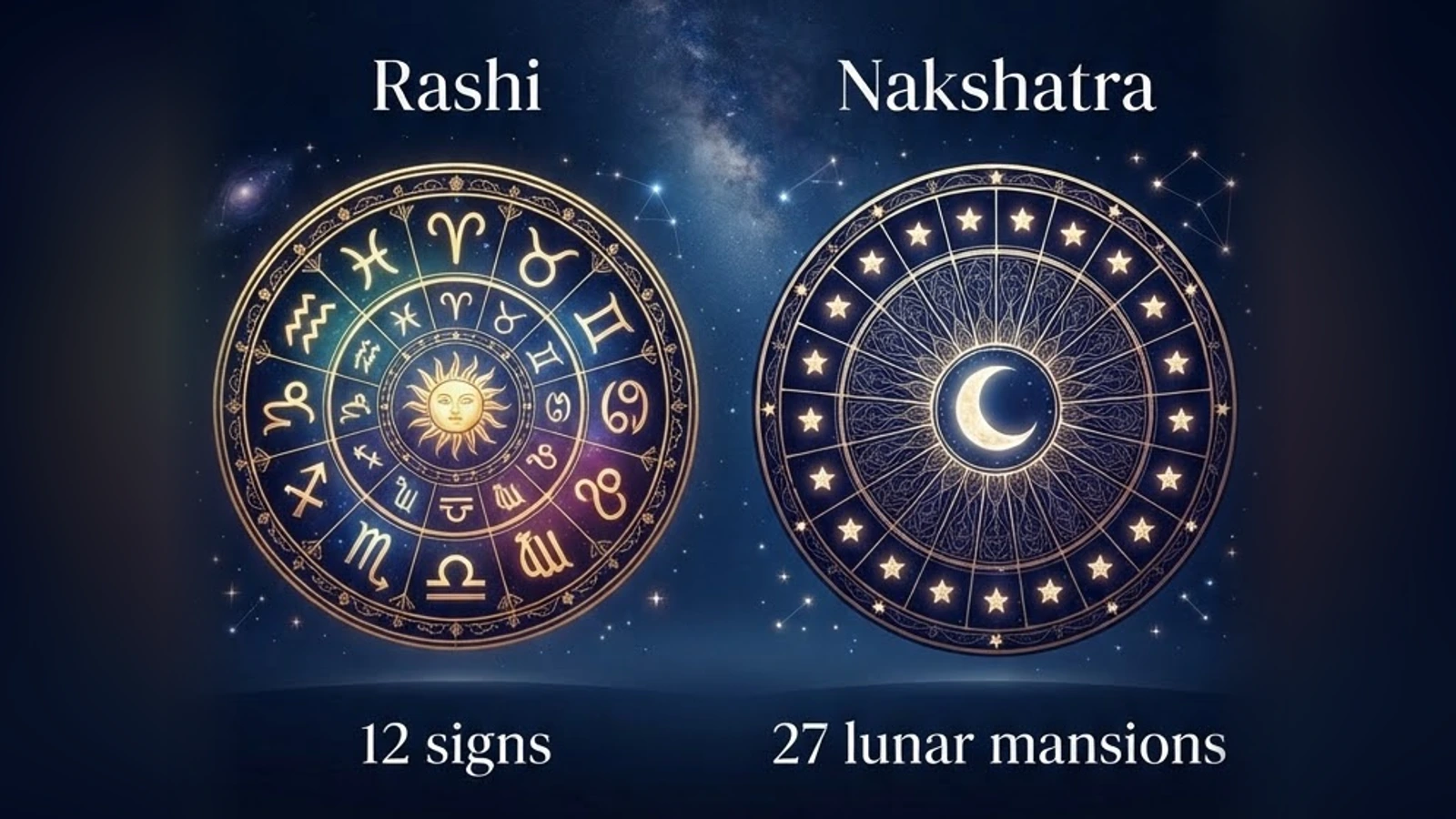 Two wheels on a night sky: Rashi, a zodiac wheel labelled 12 signs, and Nakshatra, a ring of stars around a crescent Moon labelled 27 lunar mansions