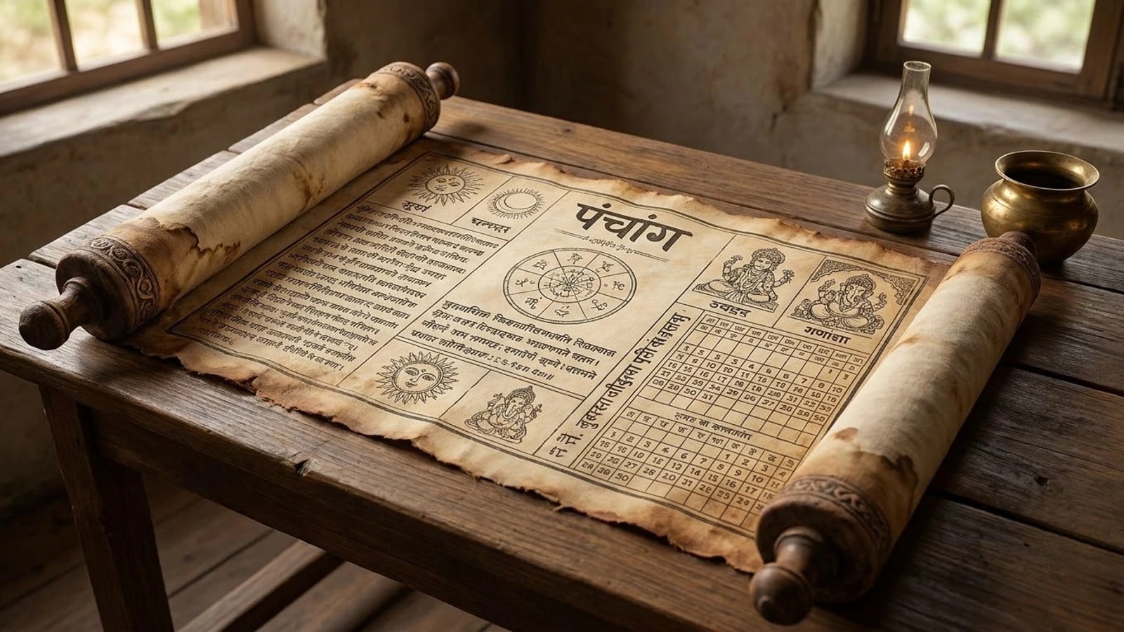 An aged panchang scroll unrolled on a wooden table beside an oil lamp, with a calendar grid and the word Panchang in Devanagari