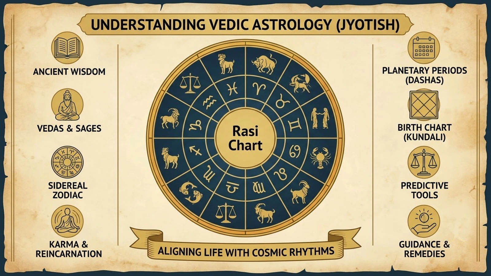 A Rasi chart wheel surrounded by eight themes of Jyotish, including the sidereal zodiac, dashas, the birth chart and remedies