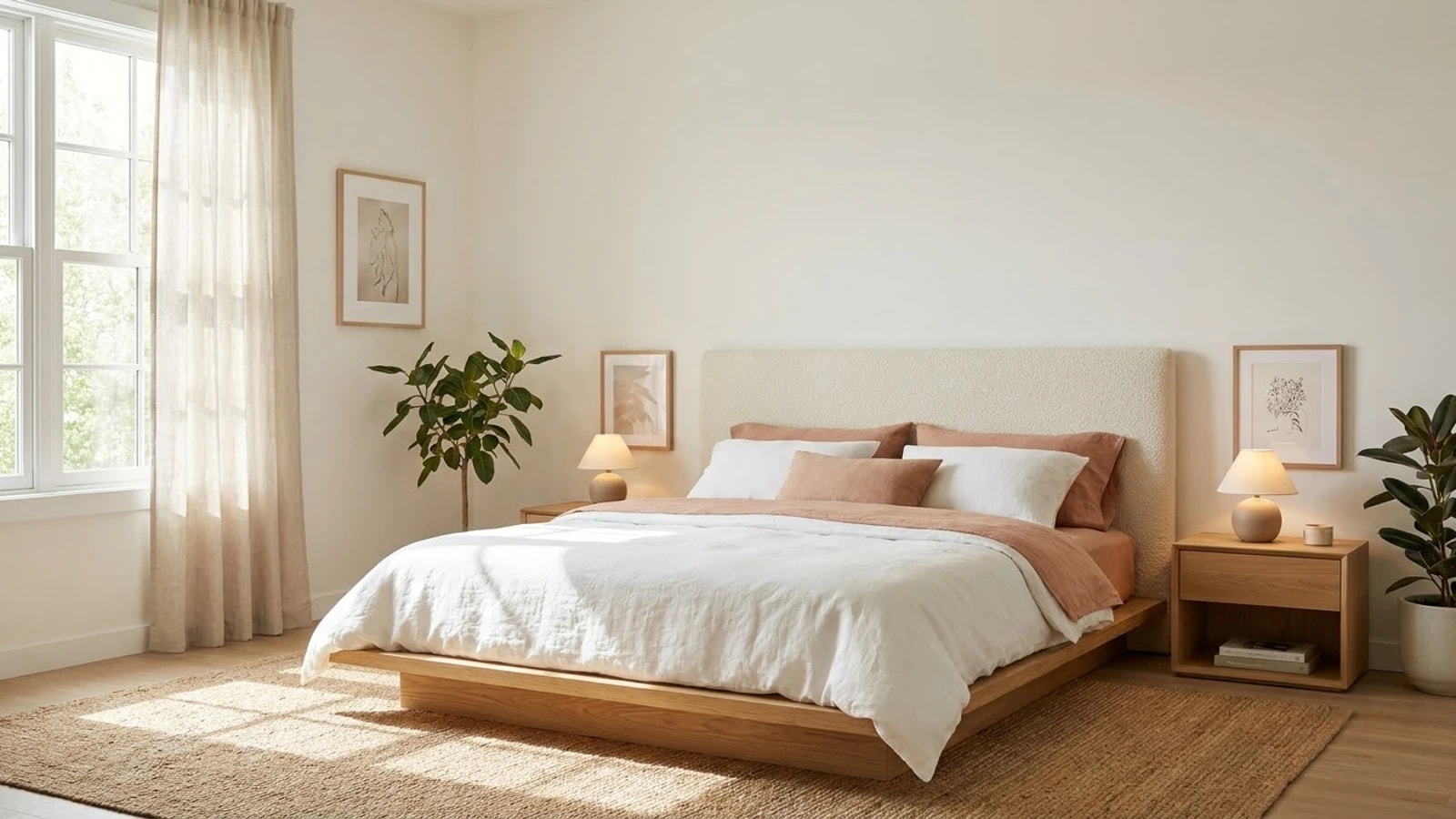 A calm bedroom with a low wooden bed, its upholstered headboard against a solid wall, white and terracotta linen, bedside lamps and morning light from a side window