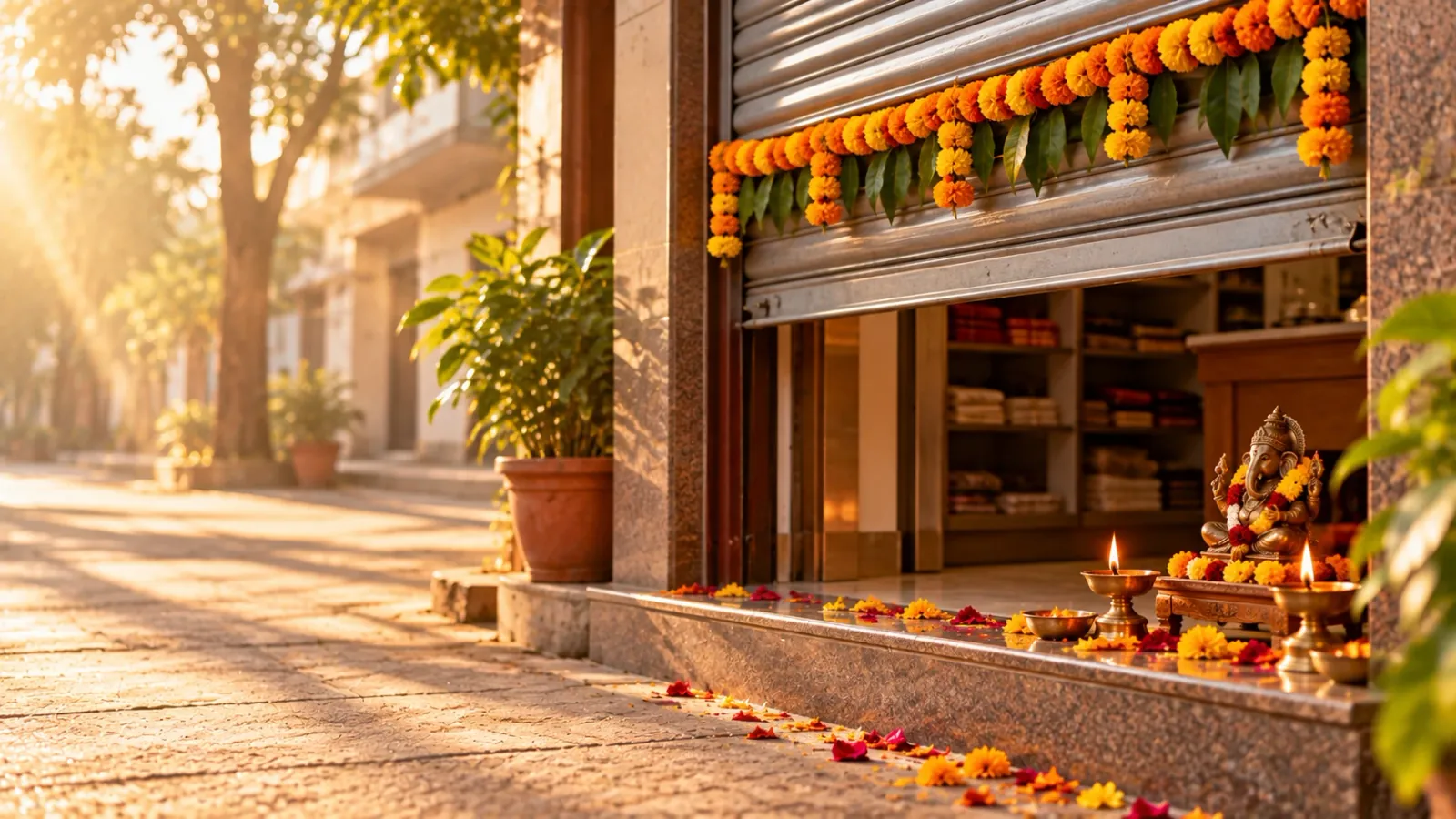 A shop’s rolling shutter half raised in morning sun, hung with a marigold and mango-leaf toran, with a small Ganesha idol and two lit diyas on the step