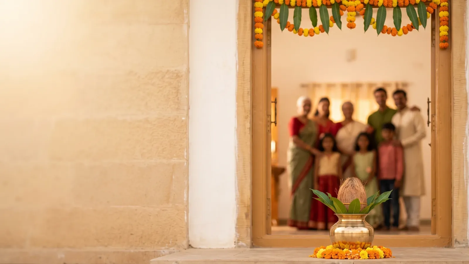 A brass kalash with mango leaves and a coconut on the threshold of a new home, a marigold toran above the door and a family standing inside