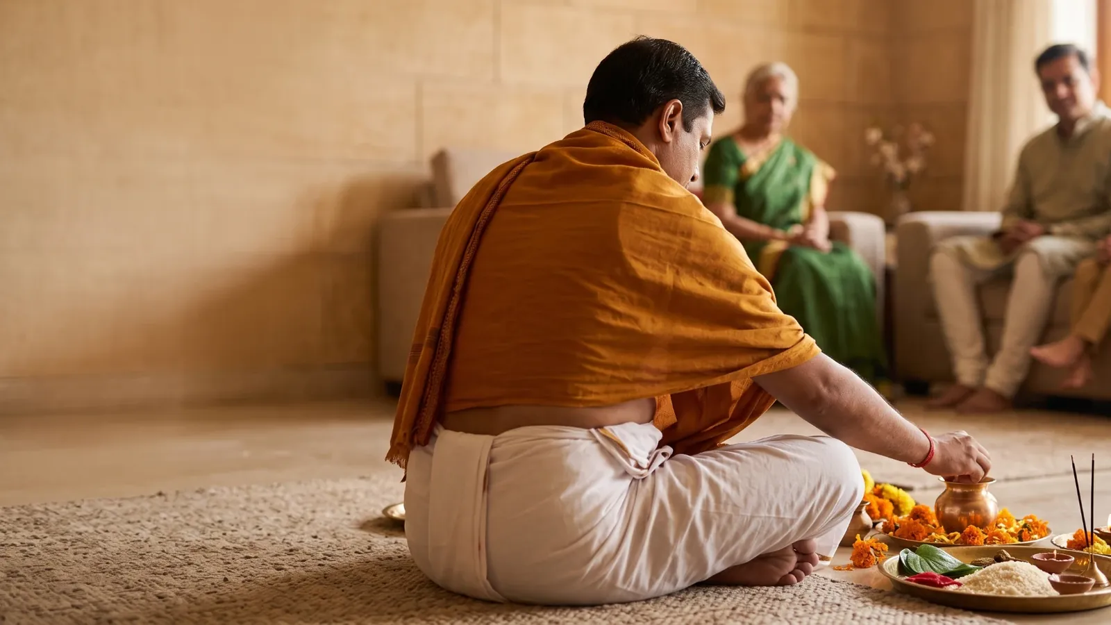 A pandit in a white dhoti and saffron shawl, seen from behind, setting out a kalash, flowers and a lit diya on a living-room floor while a family watches from the sofa