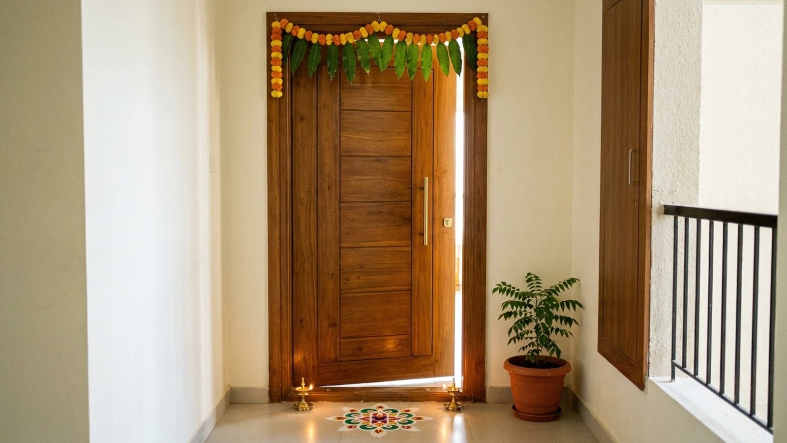 The teak main door of a flat, slightly open, with a marigold and mango-leaf toran above it, two brass lamps and a small rangoli at the threshold, and a potted plant beside it
