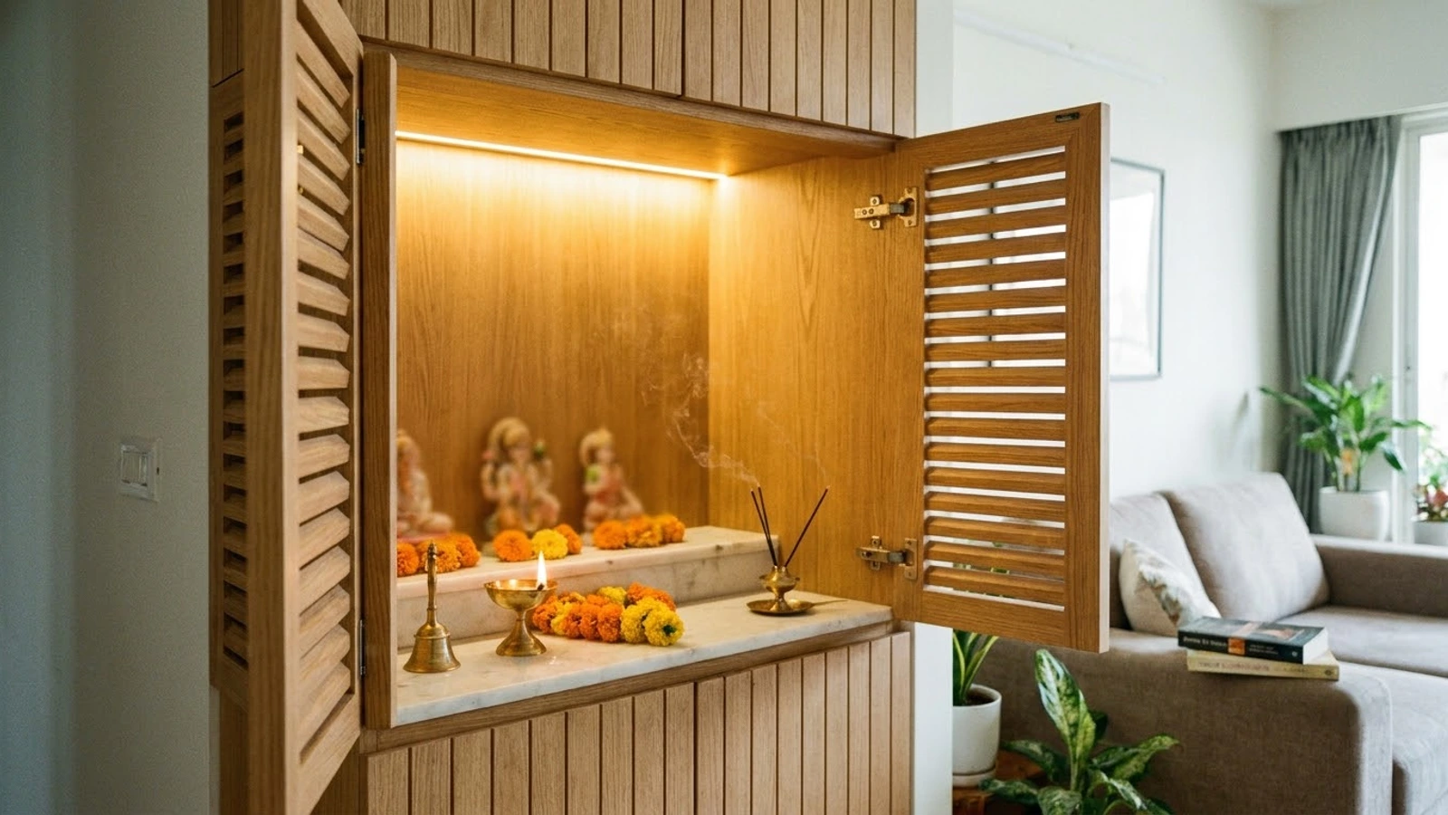 A wooden mandir cabinet with its slatted doors open in the corner of a living room, a lit brass diya, a bell, marigolds and incense on its marble shelf