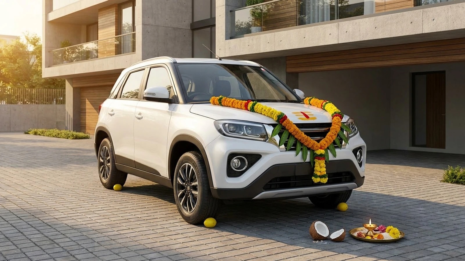 A new white car in a driveway with a marigold garland across its bonnet, a turmeric and kumkum mark above the grille, lemons by its wheels, and a broken coconut and a puja thali on the ground beside it