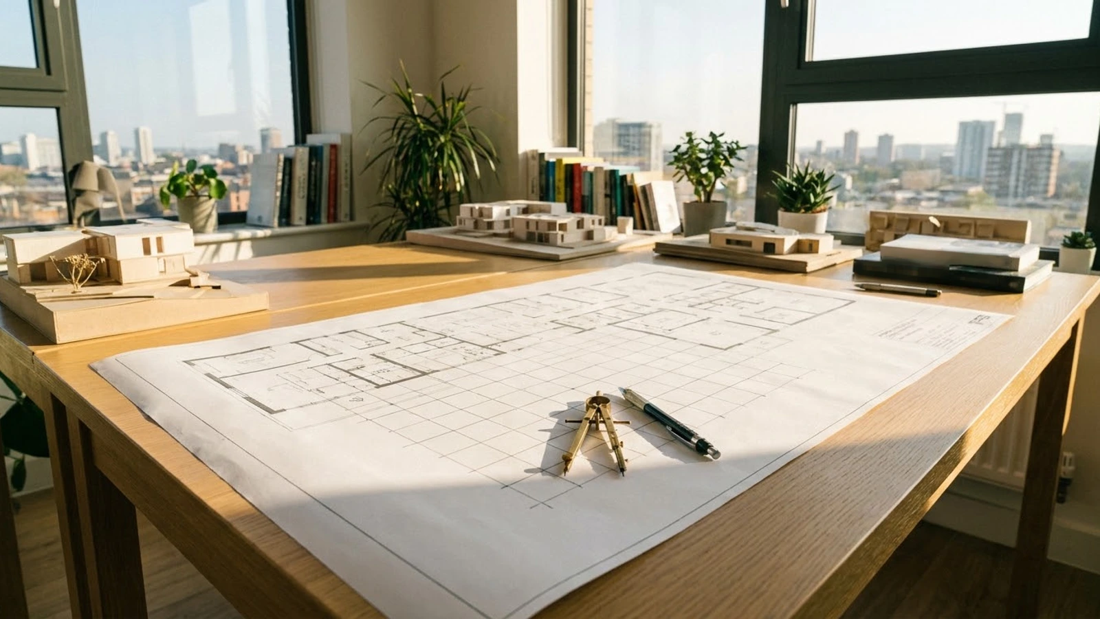 An architect's desk by a window with a floor plan laid out under a pencil grid, a brass drafting compass and a pencil resting on it, and small building models behind