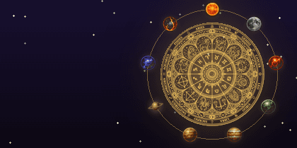 The zodiac wheel with the nine planets in orbit