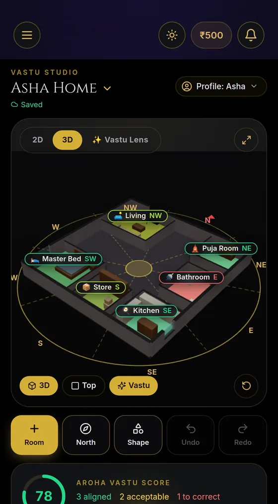 The home in 3D with each room tinted by its Vastu rating