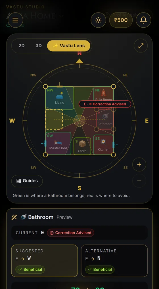 Vastu Lens: green where a bathroom belongs, red where to avoid, with a suggested move from East to West